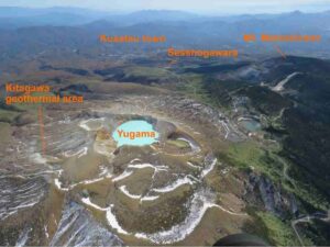 Thanks to its geothermally active location, the town of Kusatsu, Gunma Prefecture (in the background of this image), is one of Japan’s most popular onsen (hot springs) destinations. The acidic and vibrant turquoise Yugama crater lake, however, is definitely not suitable for swimming. Credit: Tomoya Obase