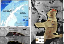 Underwater tsunamis created by glacier calving cause vigorous ocean mixing Field area and glacier retreat due to calving. (A) Location of Börgen Bay at the West Antarctic Peninsula. Bathymetry from ETOPO 1 global relief model (74). (B) Bathymetry of Börgen Bay from multibeam echosounder data and coastline/topography from Landsat imagery (see Materials and Methods). Dots mark locations of conductivity-temperature-depth (CTD) profiles used here, with profiles taken before (red) and after (blue) the calving event. (C) Landsat images of the William Glacier front from (top) 17 January 2020 and (bottom) 24 January 2020. In both panels, the orange line marks the glacier front on 17 January 2020 to highlight the retreat of the glacier between those dates. Credit: Science Advances (2022). DOI: 10.1126/sciadv.add0720