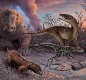 Dinosaur ancestors are shown in this artist's conception of life in the Chañares formation approximately 235 million years.Credit:  Victor O. Leshyk / www.paleovista.com