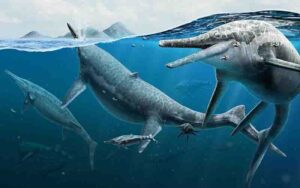 Artist’s life reconstruction of adult and newly born Triassic ichthyosaurs Shonisaurus, 2022. Credit: Gabriel Ugueto.