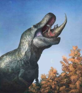 A juvenile Edmontosaurus disappears into the enormous, lipped mouth of Tyrannosaurus. Credit Dr Mark Witton 