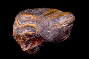 Metamorphosed banded iron formation from southern Wyoming showing deformation and folding. The rock is approximately 2.7 billion years old. Dark bands are iron oxides (magnetite, hematite) and yellow-orange bands are chert with iron oxide inclusions (jasper). (Photo by Linda Welzenbach-Fries/Rice University)