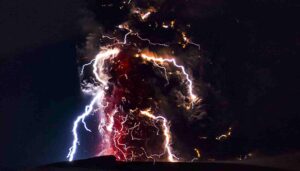 Powerful volcanic eruptions produce ash plumes that can create their own weather systems, providing the conditions for lightning at higher altitudes than normally seen. 
