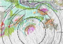 Earth’s most ancient impact craters are disappearing Impact craters and their broader structures can be visible in a geologic map, like a bullseye. But what geophysical traces remain at the structure’s outermost edges? Credit: Huber et al. (2023), JGR Planets