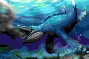 Reconstruction of Hupehsuchus about to engulf a shoal of shrimps. Artwork by Shunyi Shu, Photo Copyright © Long Cheng, Wuhan Center of China Geological Survey.