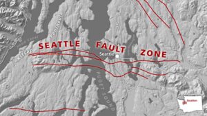 The modern Seattle fault zone cuts directly through the densely populated Puget lowlands, including Seattle and its metro area. Fifty million years ago, the continent tore in two here, setting the geologic stage for the modern faults, according to a new Tectonics study. Credit: Washington Geological Survey.
