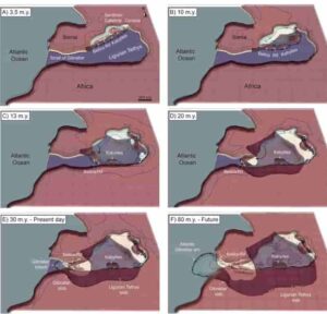 Maps showing the evolution of the Gibraltar subduction zone from 30 million years ago to 50 million years into the future. From Duarte et al., 2024.