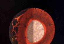 Earliest days of Earth’s formation Artistic view of Earth’s interior during mantle solidification in the first hundreds of millions of years of Earth’s history. Gravitational segregation of dense, iron-rich magma (in orange) likely formed a basal magma ocean atop the core, that can explain the present-day structure of the lower mantle.