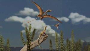 Reconstruction of a Late Triassic landscape (approximately 215 million years ago). A lagerpetid, a close relative of pterosaurs, is perched on a rock, observing pterosaurs flying overhead. Credit: Matheus Fernandes, edited