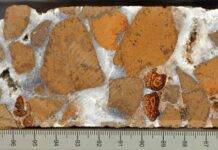 Scientists find a massive hidden CO2 sponge beneath the ocean floor Cores of lava breccia, cemented with white calcium carbonate minerals, recovered from IODP Site U1557. Credit: IODP JRSO