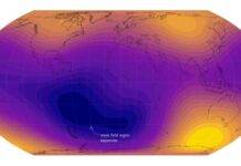 A giant weak spot in Earth’s magnetic field is now half the size of Europe The South Atlantic Anomaly — a growing weak spot in Earth’s magnetic shield — has expanded by nearly half the size of continental Europe since 2014, with especially intense weakening now occurring near Africa. At the same time, magnetic strength is rising over Siberia and fading over Canada, reflecting powerful changes unfolding deep inside Earth’s core. Credit: ESA (Data source: Finlay, C.C. et al., 2025)