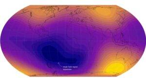 The South Atlantic Anomaly — a growing weak spot in Earth’s magnetic shield — has expanded by nearly half the size of continental Europe since 2014, with especially intense weakening now occurring near Africa. At the same time, magnetic strength is rising over Siberia and fading over Canada, reflecting powerful changes unfolding deep inside Earth’s core. Credit: ESA (Data source: Finlay, C.C. et al., 2025)