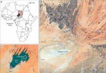 Sediment core reveals 10,800 years of precipitation history in the Sahara Lake Yoa in the context of the central Sahara today and during the early Holocene. Credit: Nature (2026). DOI: 10.1038/s41586-026-10336-7