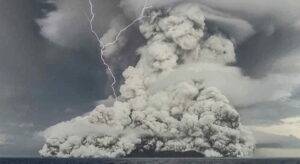 The Hunga Tonga–Hunga Ha'apai-volcanic eruption on 15 january 2022. Image taken from a video of the eruption. Source: Tonga Geological Services 