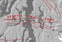 Understanding the Hazard Potential of the Seattle Fault Zone: It’s “Pretty Close to Home” The modern Seattle fault zone cuts directly through the densely populated Puget lowlands, including Seattle and its metro area. Fifty million years ago, the continent tore in two here, setting the geologic stage for the modern faults, according to a new Tectonics study. Credit: Washington Geological Survey.