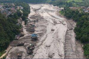 A drone view shows mud covering properties following a flash flood at Trishuli in Nuwakot district, Nepal, on Wednesday.Stringer/Reuters