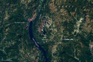 The subtle circular shape of the Uhackatik impact structure in Quebec, with Lake Marsal near the center, is visible in this image captured on October 12, 2025, by the OLI (Operational Land Imager) on Landsat 8.NASA Earth Observatory/Lauren Dauphin