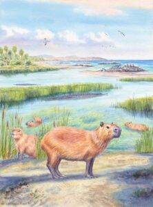 Paleoenvironmental reconstruction of a group of Cardiatherium, a genus of extinct, direct relatives of modern capybaras, pictured in the late Miocene coastal wetlands and forestry canopy of the Atacama Region of northern Chile. Freshwater crocodiles float in the river, and seals can be seen basking on rocks while seabirds soar above the shoreline. Credit: MauriPaleoenvironmental reconstruction of a group of Cardiatherium, a genus of extinct, direct relatives of modern capybaras, pictured in the late Miocene coastal wetlands and forestry canopy of the Atacama Region of northern Chile. Freshwater crocodiles float in the river, and seals can be seen basking on rocks while seabirds soar above the shoreline. Credit: Mauricio Alvarezcio Alvarez
