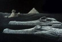 New crocodile species discovered in rocks used to build the Great Sphinx Reconstruction of the extinct Herugavialis cairensis with the Great Sphinx and pyramids depicted in the background. Credit: Karim Zanaty