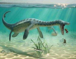 Artist's impression of plesiosaurs feeding on the sea floor [AI-assisted image]. Credit: Lente Artemieff